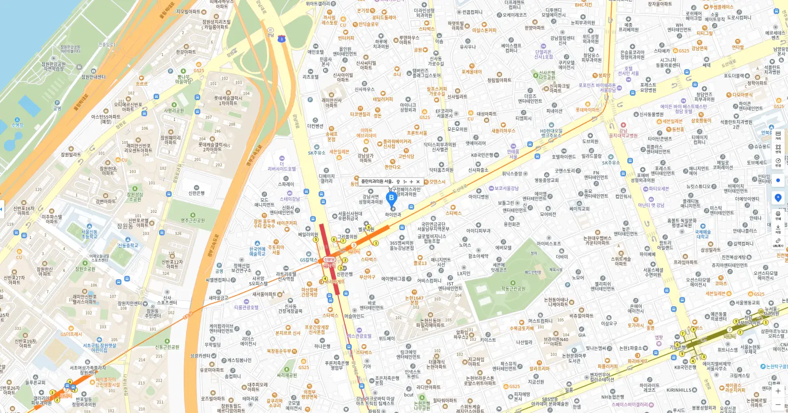 Plan口腔医院 首尔总院 位置地图: 新沙站8号出口附近的岛山大路