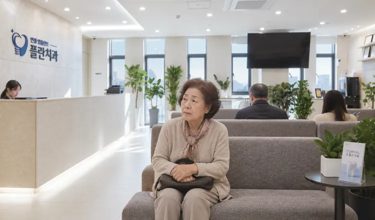 坐在牙科候诊室沙发上的老人