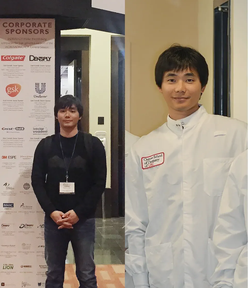 通过美国牙医执照考试前后，站在学会会场的代表院长崔英仁